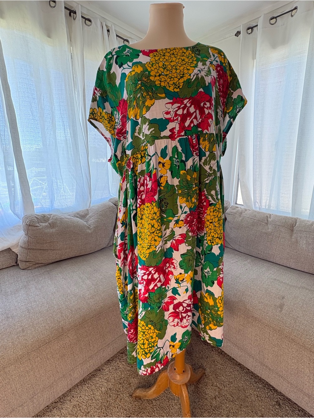 Amazon Floral Midi Dress in Green, Yellow, Red, White